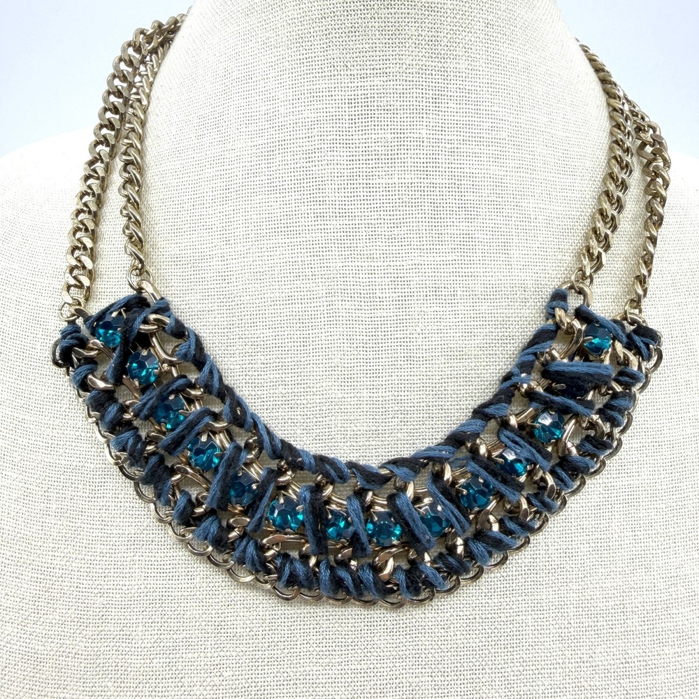 Blue Statement Necklace Chunky Chain Woven Thread Boho Festival Jewelry Gift